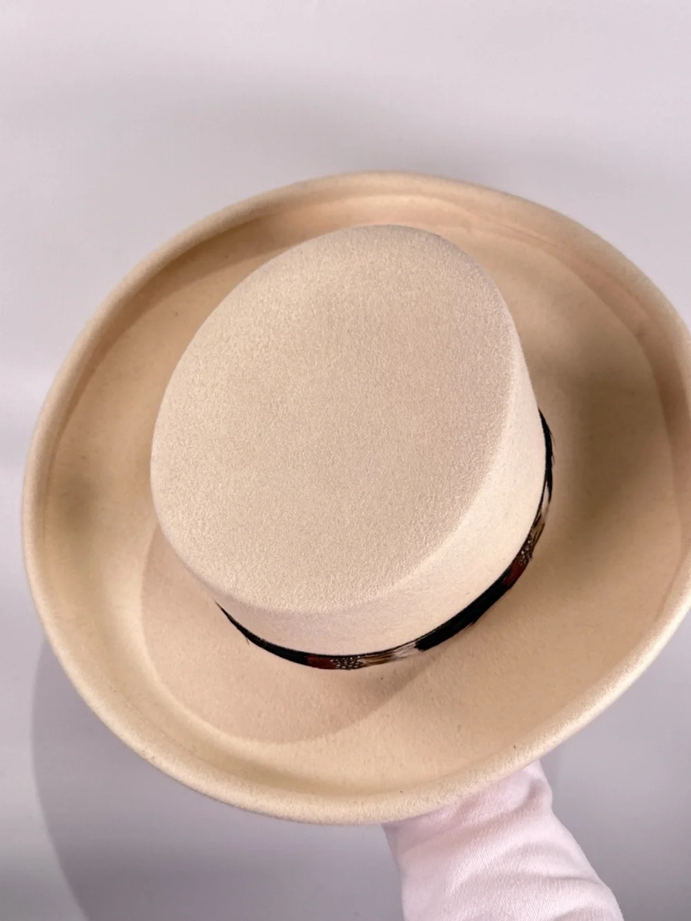 Importina Flat Crown Hat Rolled Brim Feather Band Wool Felt Cream OS